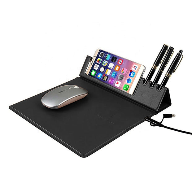 Mouse Pad with Wireless Charger, Mobile Stand & Pen Holder – 4-in-1 Desk Organizer