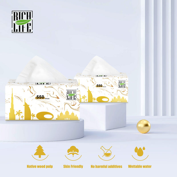 RICH LIFE Premium Facial Tissues - 3-Ply, 4-Ply, 5-Ply | Soft, Durable & Moisture-Proof | 100% Raw Wood Pulp | Small & Large Sizes | 5, 10, 20, 30, 50 & 100 Packs