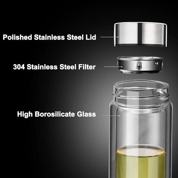 Glass Water Bottle with Stainless Steel Cover & Built-In Filter – Durable & Stylish