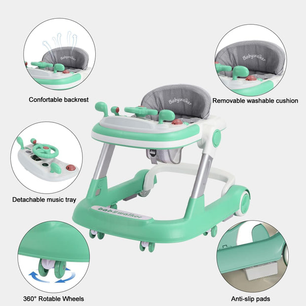 Foldable Baby Walker with Silent Wheels & Music – 2-Position Height