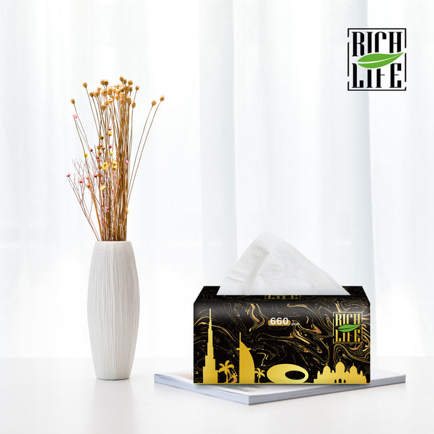 RICH LIFE Premium Facial Tissues - 3-Ply, 4-Ply, 5-Ply | Soft, Durable & Moisture-Proof | 100% Raw Wood Pulp | Small & Large Sizes | 5, 10, 20, 30, 50 & 100 Packs