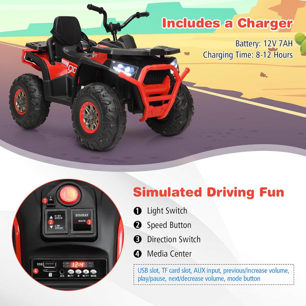 2-Seater 12V Kids ATV - Electric 4 Wheeler with 10AH Battery, Bluetooth, LED Headlights, Music, Radio, 4mph Ride-On Car for Ages 3-8