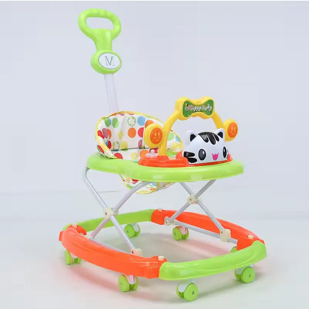 3-Position Adjustable Baby Walker with Push Handle & Music – Orange & Green