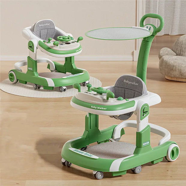 Foldable Baby Walker with Push Handle, Silent Wheels & Music – 2-Position