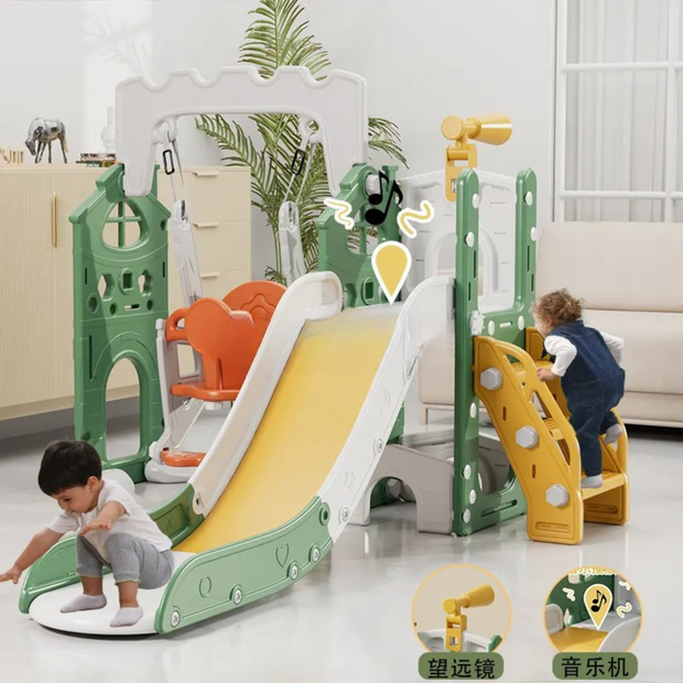 Castle-Themed Slide & Swing Set with Ball Frame and Telescope for Kids