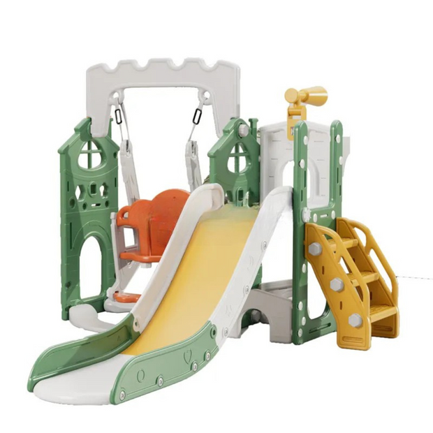 Castle-Themed Slide & Swing Set with Ball Frame and Telescope for Kids